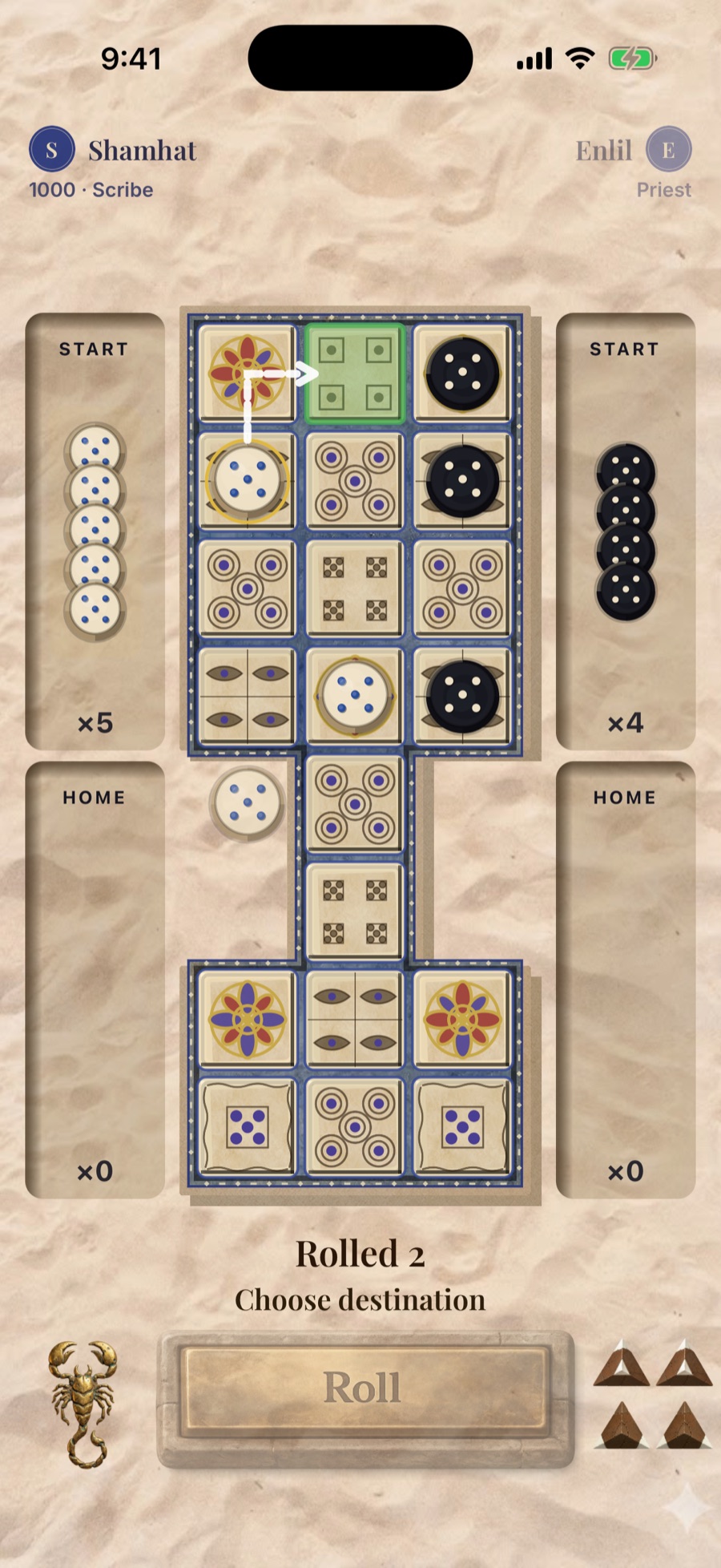 Arena of Ages on iPhone: a Royal Game of Ur match in progress against Enlil the Priest, with pieces on the board and a move being chosen