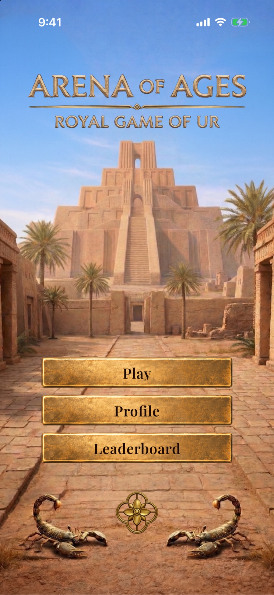 Arena of Ages main menu: the game's title above a ziggurat, with Play, Profile and Leaderboard buttons