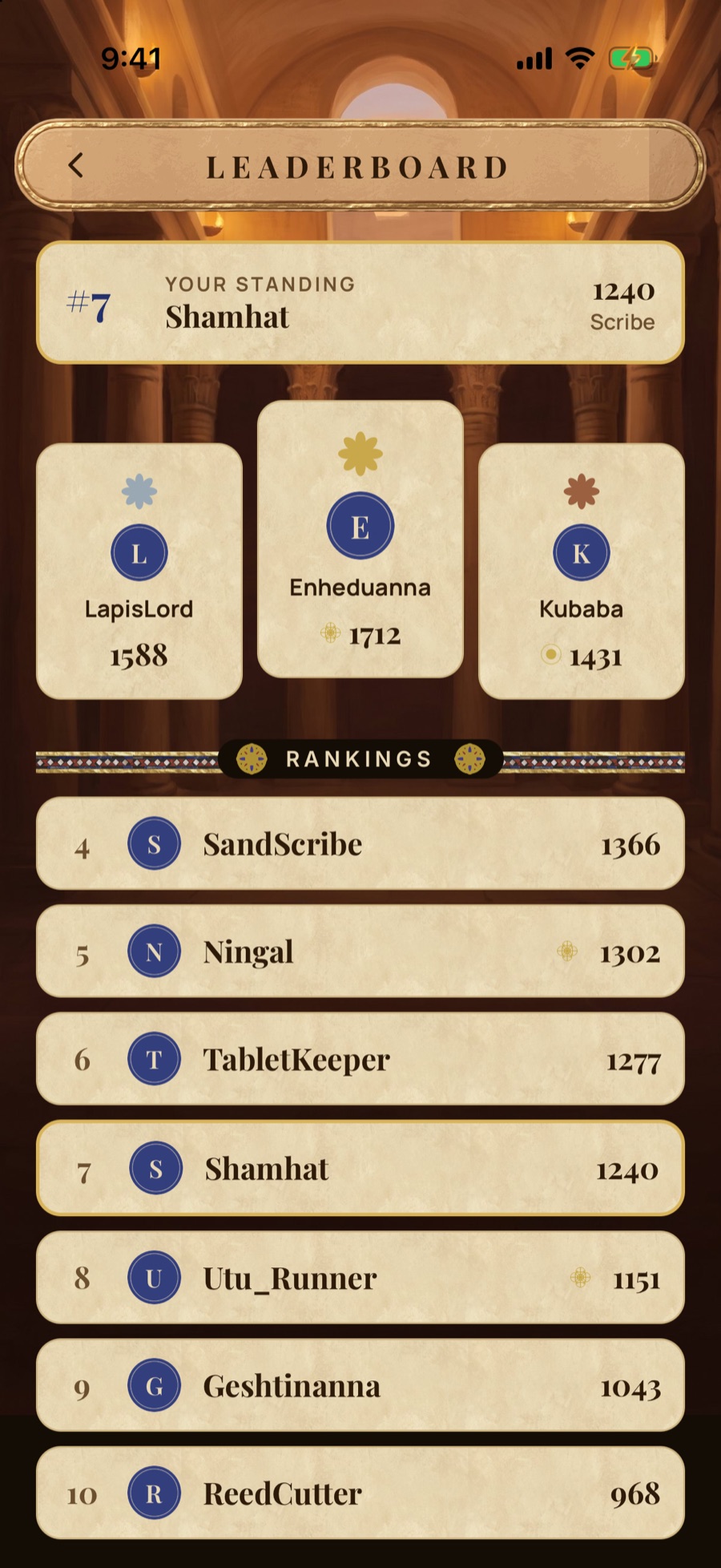 Arena of Ages leaderboard: the top three players on a podium, ranked rows below, and the player's own standing at seventh in the Scribe tier