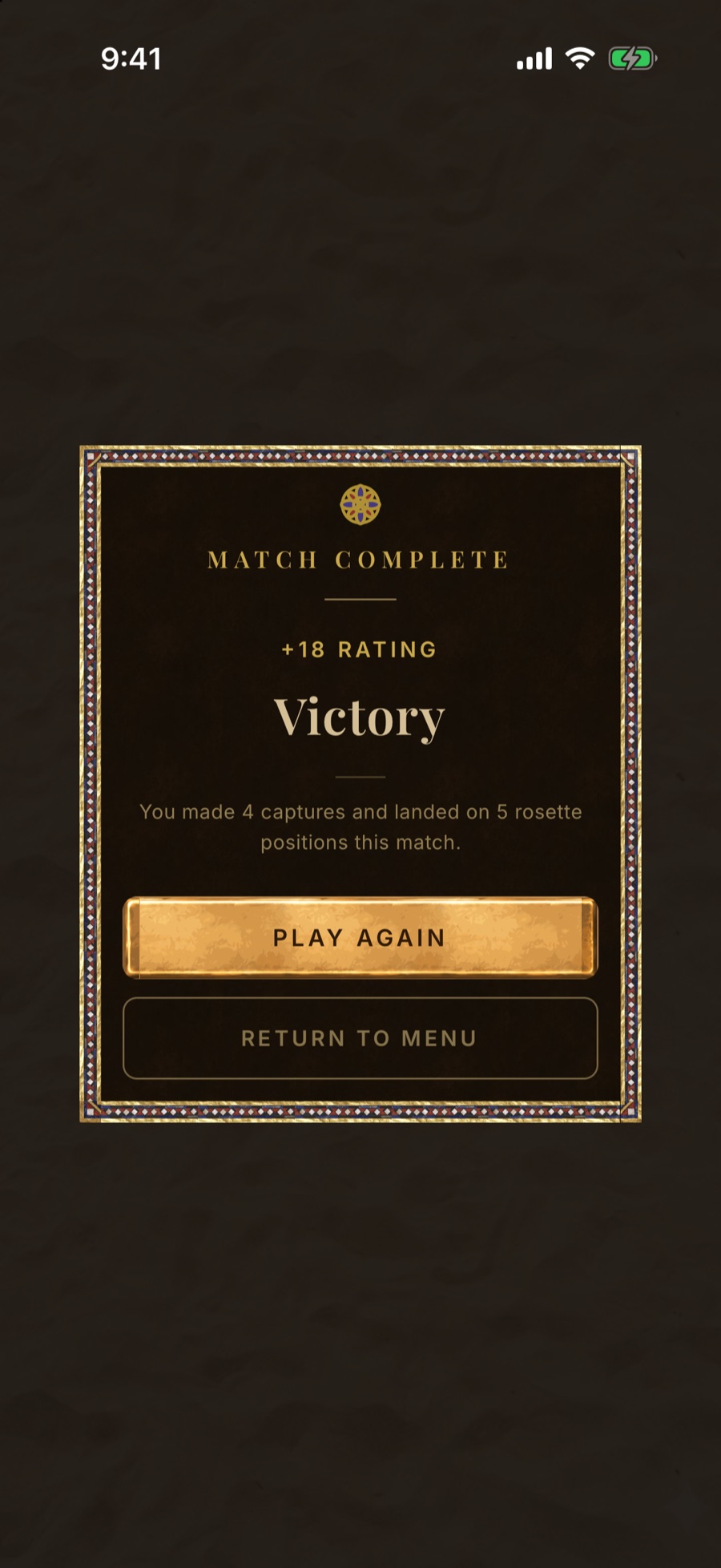 Arena of Ages match result: Victory, with plus 18 rating after 4 captures and 5 rosette landings