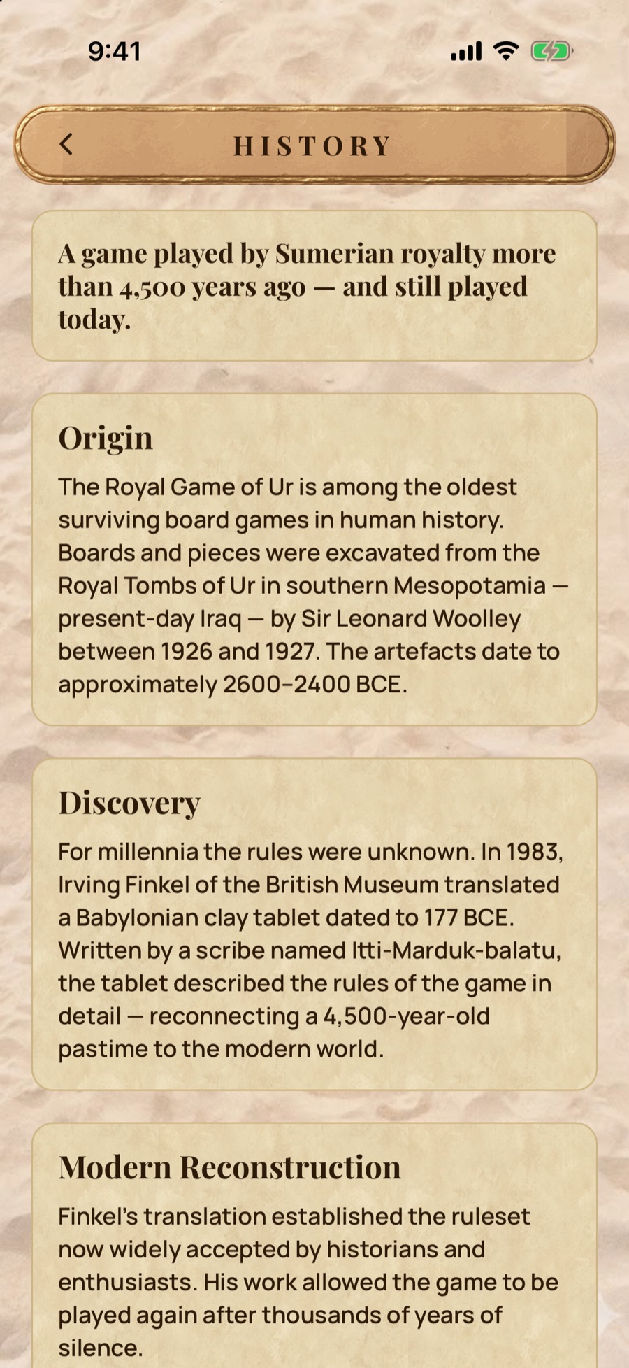 Arena of Ages history screen: how the Royal Game of Ur was excavated at Ur and its rules recovered from a Babylonian clay tablet