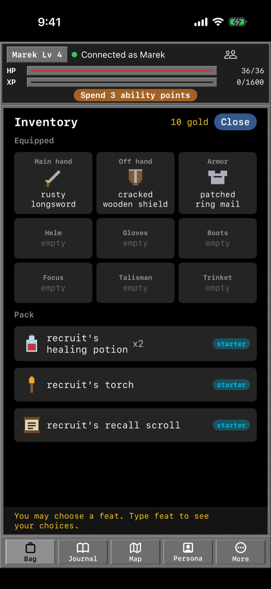 Chaosbound on iPhone: the inventory panel of a level 4 warrior, with equipped gear and a pack of starter items